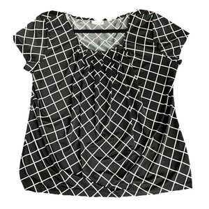 New York & Company Black White Windowpane Grid Pleated Draped Blouse XL Stretch